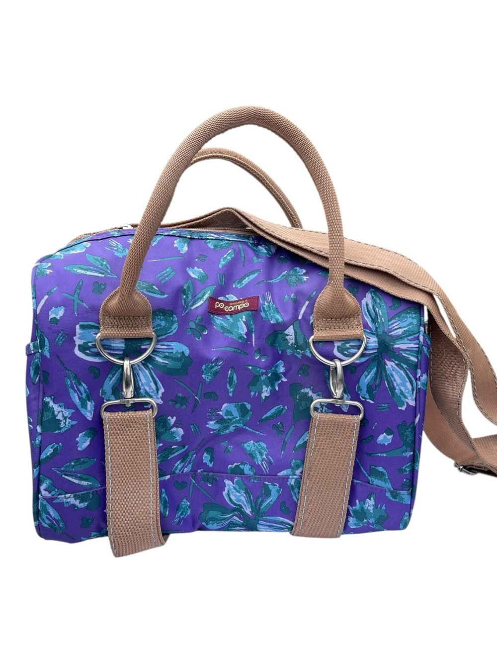 PO CAMPO Flowers Purple Floral Logan Tote Satchel Tan Straps Bike to Work Bag